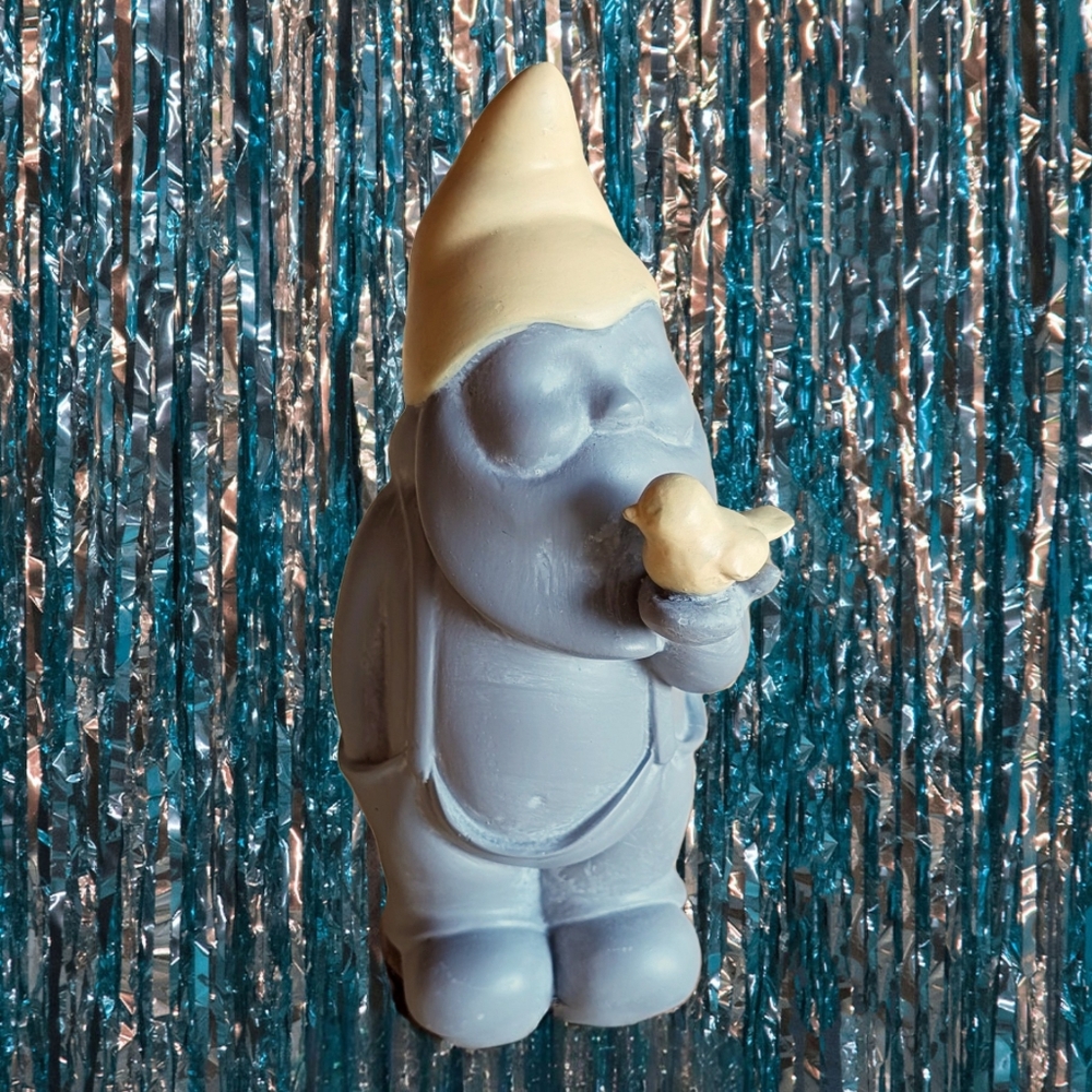 Ceramic Gnome Figurine with Bird - Matte Gray/Light Yellow